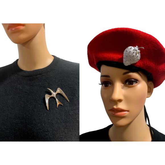 70s Sarah Coventry Silver Strawberry Brooch & Seagull Brooch | Lot 2 Pins - Picture 2 of 6